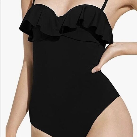 Women's Swimsuit Sz S One Piece Black Solid Ruffle Top Underwire‎ NWOT - Picture 1 of 6
